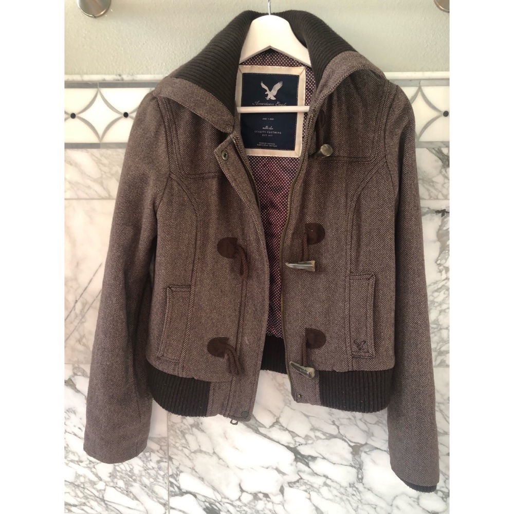 American Eagle Brown Herringbone Bomber Jacket